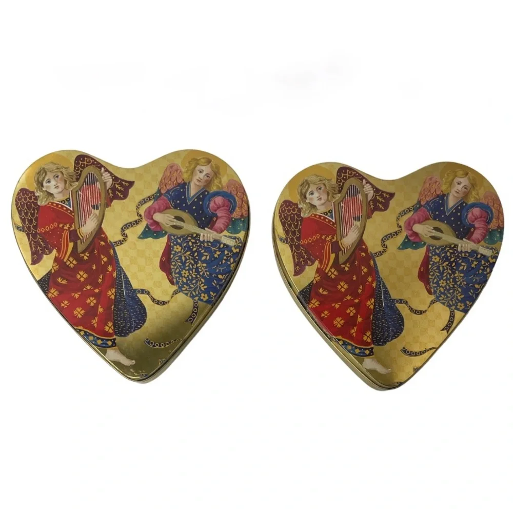 Vintage Tins Angels Heart Victorian Angel Harp Cherubs Keepsake Box Cookie Gold